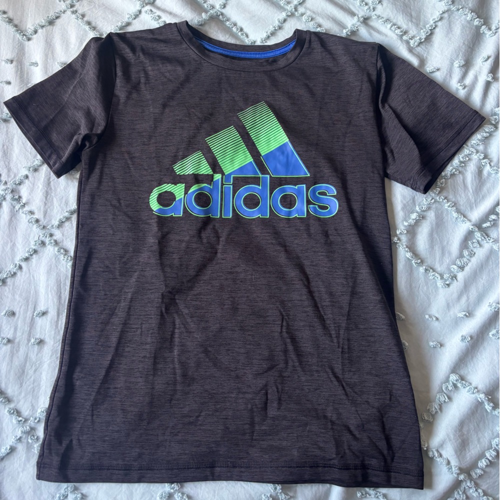 adidas Boys Black Heather Tee with Blue Trim